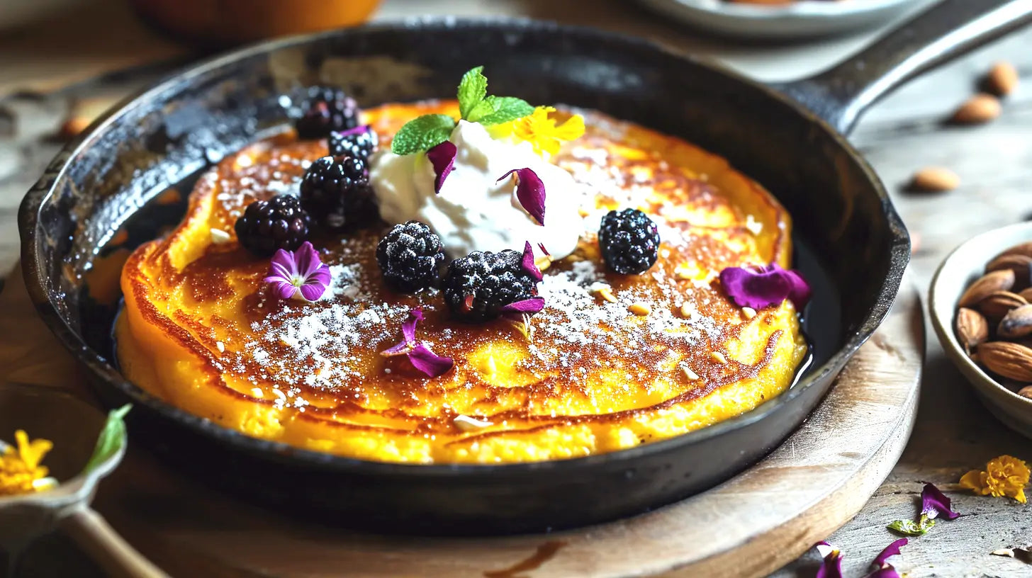 Swedish Saffron Pancakes, A Gotland specialty, served in a deep pan with Pannacotta cream and blackberries 