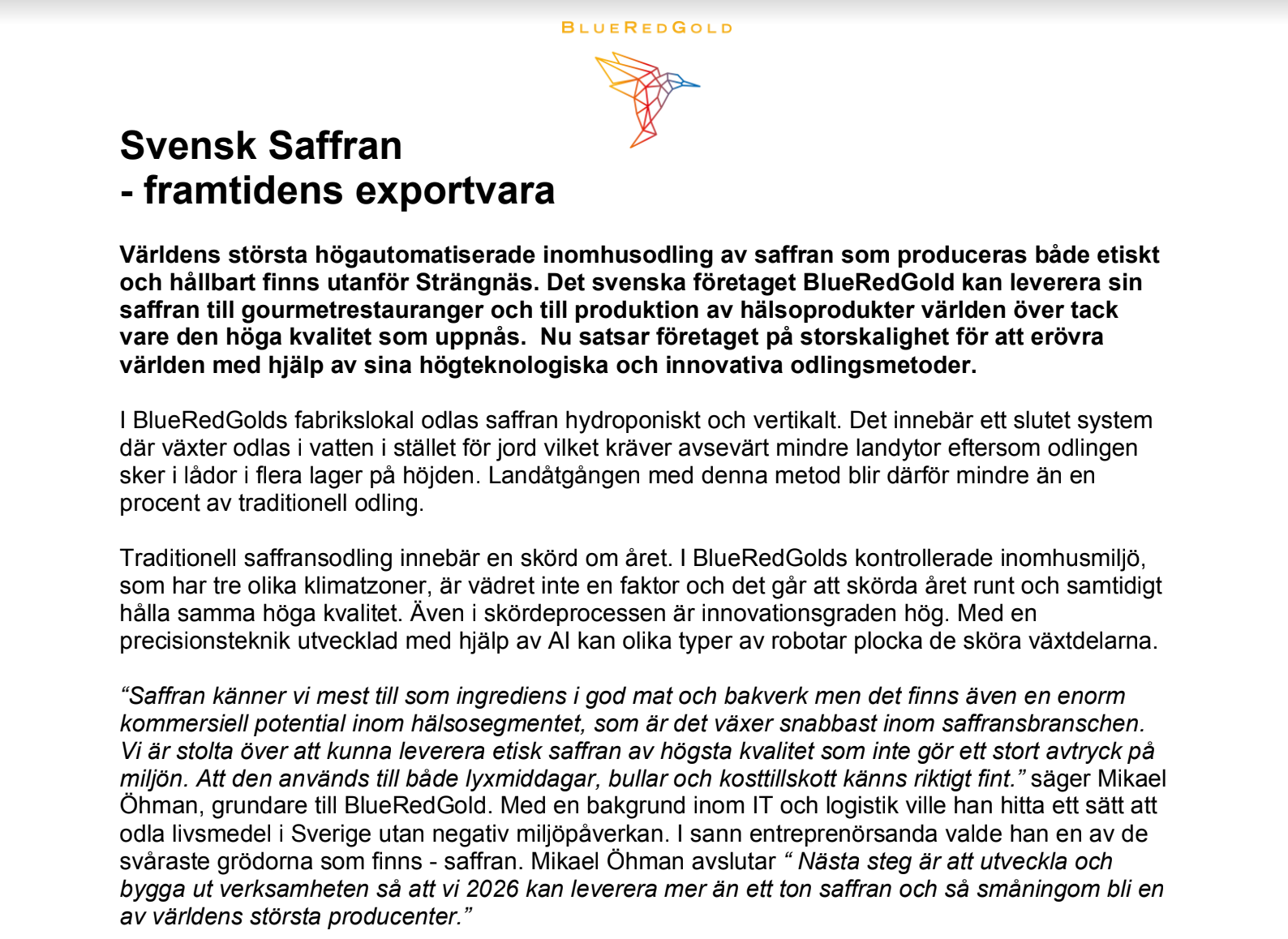 (SWE) Press release: Pioneering the future of Saffron as Sweden’s next major export
